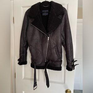 American Eagle AE Womens Belt Lined Moto Jacket Coat Vegan Suede Sherpa SIZE L